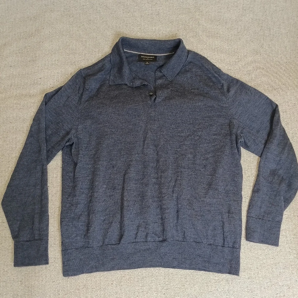 Banana Republic Polo Sweater Mens XL Blue Excellent 100% Merino Wool Long Sleeve